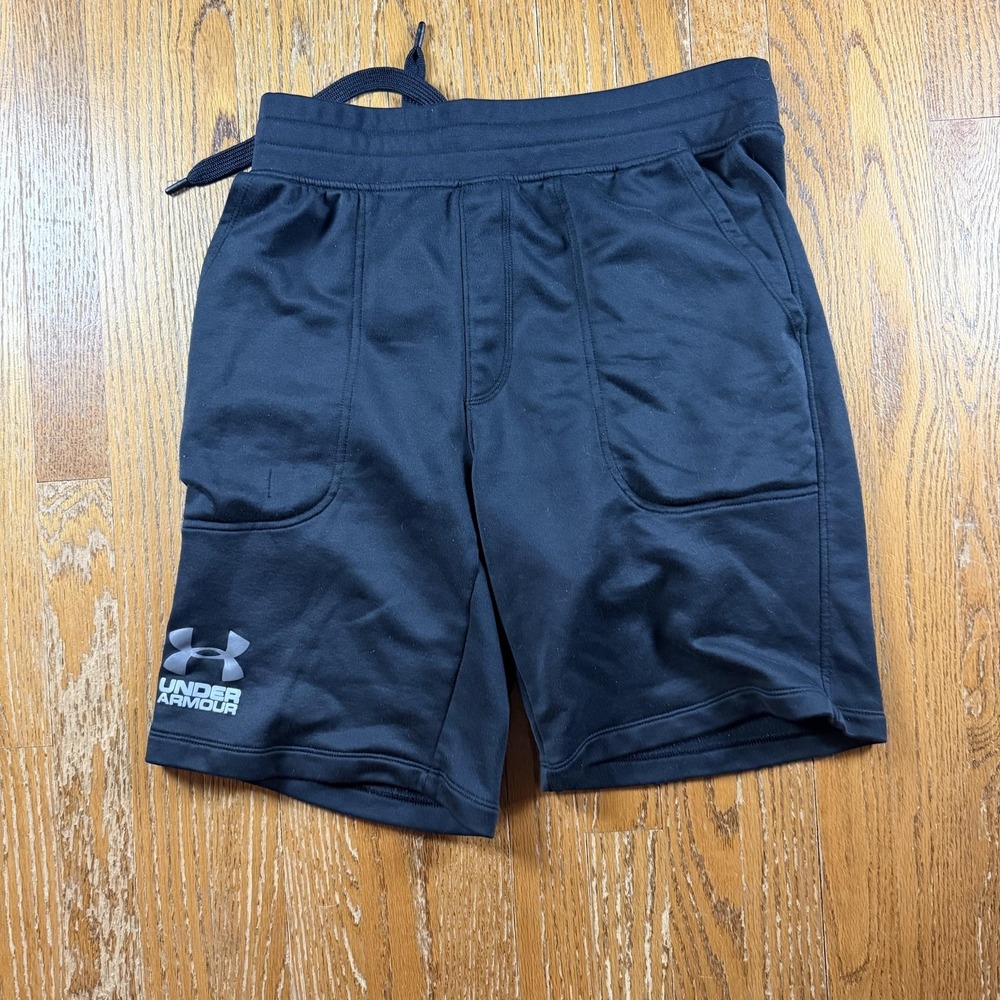 Under Armour Sweat Shorts Mens Large Black Fleece Big Logo Elastic Waist Pockets